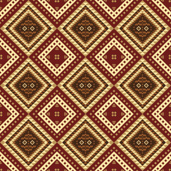 Classic ethnic diamond lattice pattern in rich burgundy and gold tones. Traditional geometric tribal design perfect for premium textiles, home decor and cultural crafts.