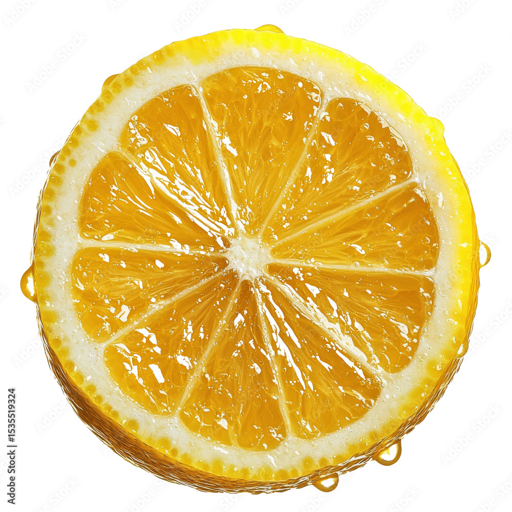 Poster fresh lemon slice with vibrant yellow color and juicy texture, perfect for culinary use or beverage 
