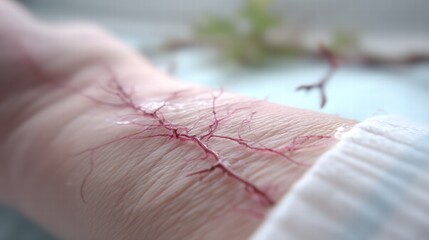 Hand with Artistic Vascular Design and Natural Elements Close-Up
