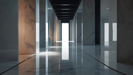 Modern empty corridor with doors and elevators in a well-lit building hallway