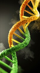 Vibrant DNA Helix Model with Colorful Particles on Dark Background