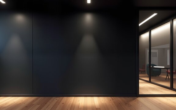 Modern black wall mockup in office with wooden floor and meeting room visible through glass wall on right side under ceiling lights at night. High quality - Powered by Adobe