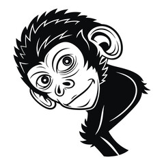 Smiling black and white cartoon monkey face and body illustration on a white background