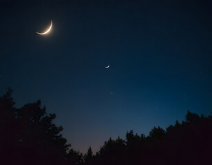 Naklejka premium A magical night sky with glowing stars and a crescent moon, ample copy space, moon and stars