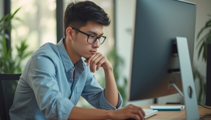 Focused young man working intently at a computer in a bright office