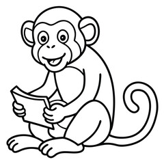 Smiling cartoon monkey reading a book illustrated in black and white outlines
