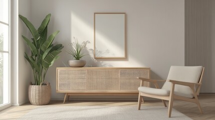 Serene interior with tropical plant, wooden sideboard and empty frame mockup