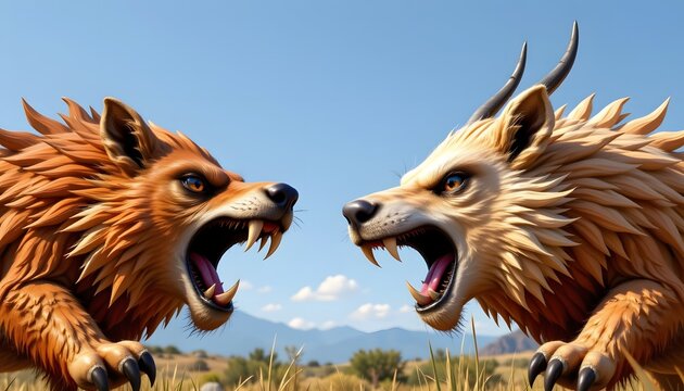 two animals in an aggressive stance