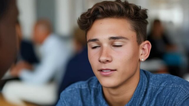 Young man engaging in conversation with joyful expressions in casual setting