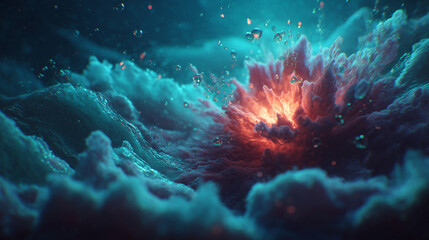 Obraz premium fantasy underwater explosion with glowing shockwave and floating particles, perfect for sci fi scenes, deep ocean illustrations, or magical concept art