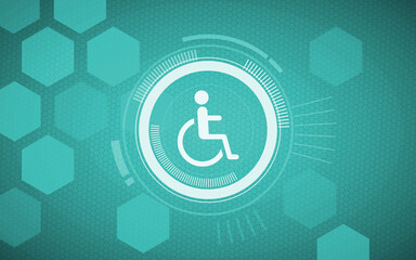 A white accessibility icon within a futuristic HUD element, set against a teal background with a subtle hexagonal pattern, symbolizing focus on inclusivity and barrier-free access in technology
