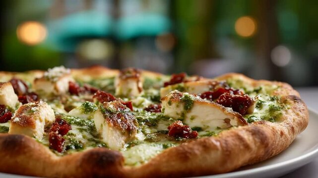 Gourmet pizza served in vibrant cafe setting with fresh basil and sundried tomatoes