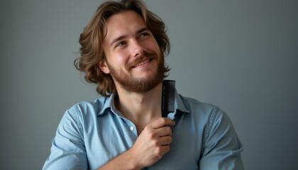 Thoughtful man grooming his beard with a comb