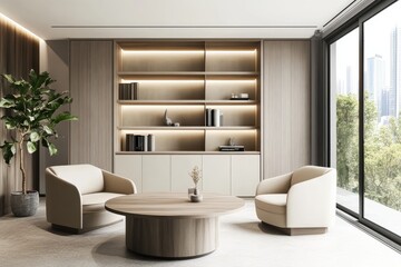 Modern minimalist living room with built in bookcase