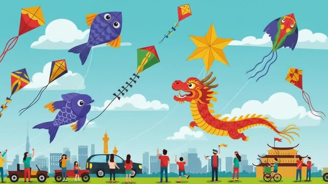Flying Colorful Kites in the Sky with People in Park Illustration