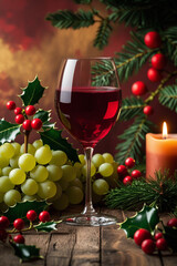 A elegant, curved red wine glass, nearly full, with a rich, crimson liquid, adorned with a few fresh, green grapes and a sprig of lush, emerald-green eucalyptus