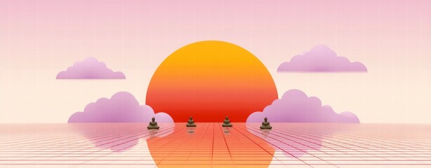 Tranquil Meditation Scene with Four Statues at Sunset Reflection
