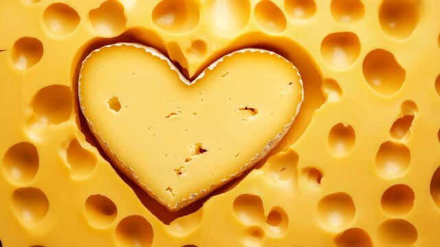 Heartshaped cheese evolves on swiss cheese block with dynamic transformation over time