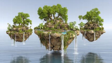 Floating Islands with Lush Greenery and Waterfalls in Calm Water