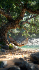 Fototapeta premium Cozy Hammock by the Tree on a Peaceful Shore