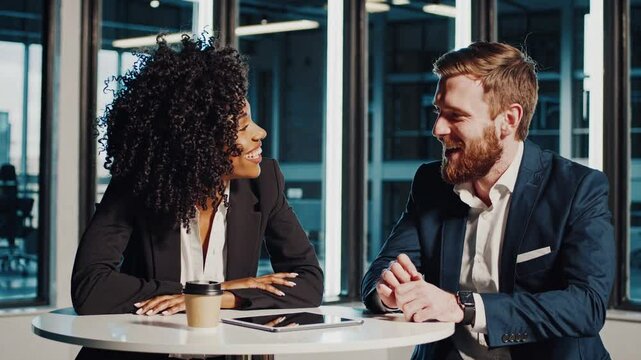 Dynamic Dialogue: A professional woman and man converse, engrossed in an office discussion that blends focus and friendly rapport. Captured in a corporate ambiance.