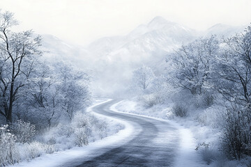 A winding road through a snowy landscape with trees and distant mountains