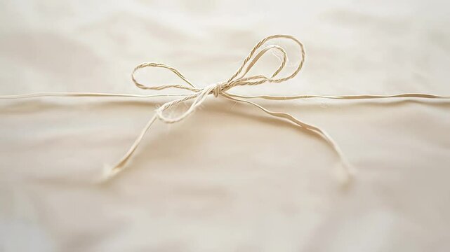 Delicate twine bow tied on soft, textured paper background, creating a charming and rustic gift-wrapping aesthetic for various occasions