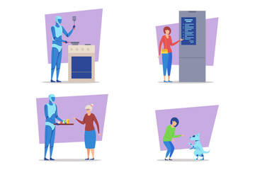 Collection of illustrations featuring robots helping humans at home. Activities including cooking, managing appliances, serving food, and interacting with pets