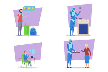 Collection of illustrations displaying how robots assist in daily life. Travel planning, cooking, working from home, and serving food. Integration of technology concept