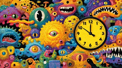 Fototapeta premium Illustration of Cartoon Monsters with a Yellow Clock