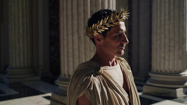 Roman Emperor: A regal man, adorned in a laurel wreath and a toga, stands thoughtfully amidst the grandeur of ancient Roman architecture, conveying power and history.