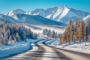 Winding asphalt road through a snow covered forest with mountains in the back