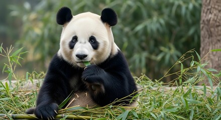 Fototapeta premium Giant Panda Eating Bamboo in Lush Green Foliage
