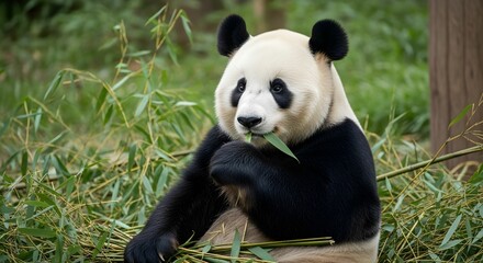 Obraz premium Giant Panda Eating Bamboo in Lush Green Foliage
