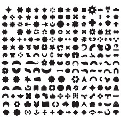 Brutalist abstract geometric shapes. Y2K Geometric design element shapes. Figures, stars, spiral flower and circles. Bauhaus memphis design geometric silhouette elements design