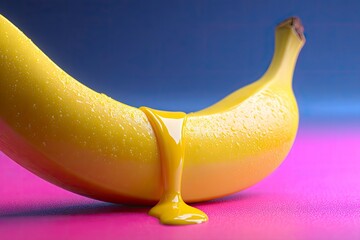 A banana with a yellow goo dripping from the side is set against a pink and blue background