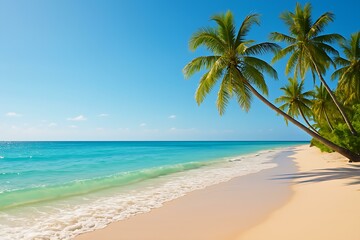 Tropical Beach with Shimmering Waves and Slanted Palm Trees