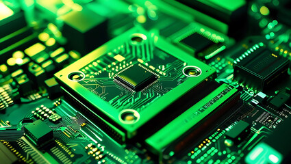 Close up of a green computer circuit board with electronic components