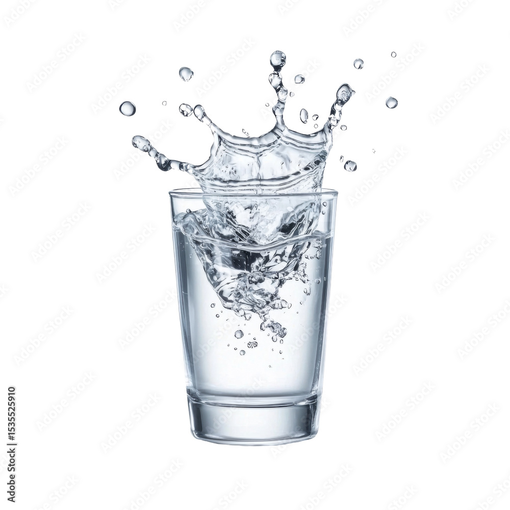 Poster glass of water with splashes, showcasing freshness and clarity. dynamic movement of water creates en