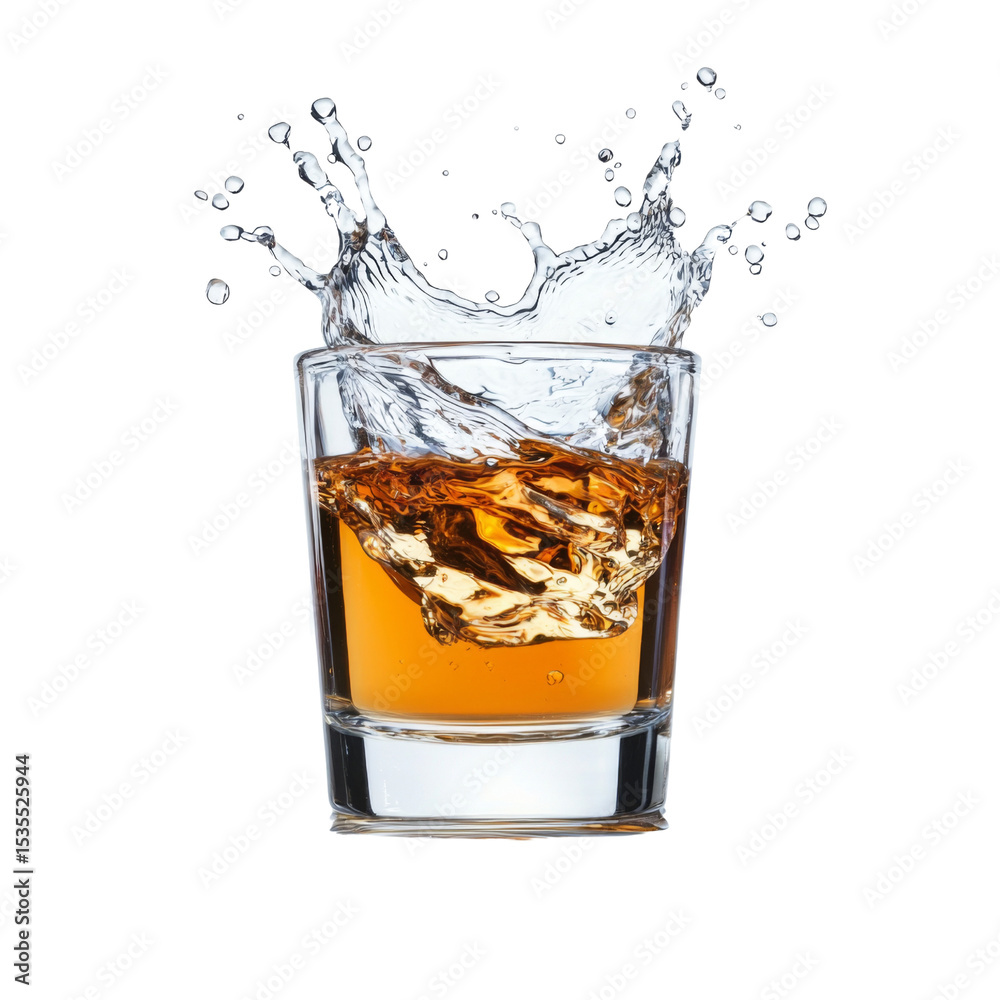 Poster glass of whiskey with ice splashing, creating dynamic and refreshing scene. rich amber color contrasts beautifully with clear water droplets, evoking sense of enjoyment and relaxation