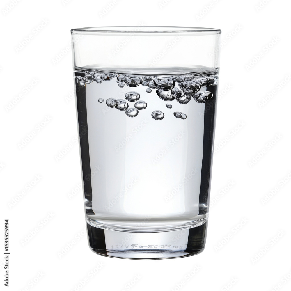 Poster clear glass filled with sparkling water, showcasing bubbles rising to surface, creating refreshing a