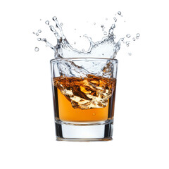 glass of whiskey with ice splashing, creating dynamic and refreshing scene. rich amber color contrasts beautifully with clear water droplets, evoking sense of enjoyment and relaxation