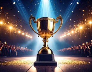 Golden trophy on a stage with a crowd, symbolizing success and achievement