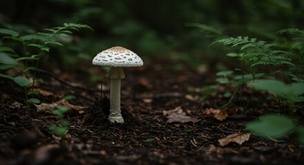 Destroying angel mushroom in a damp woodland, its pure white cap and stalk contrasted by the dark soil, representing deceptive beauty and extreme lethality in nature.