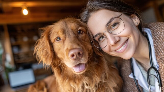 Veterinarian and Brown Dog Portrait