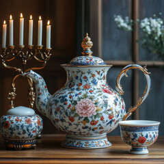 Tea set with candle and vase.