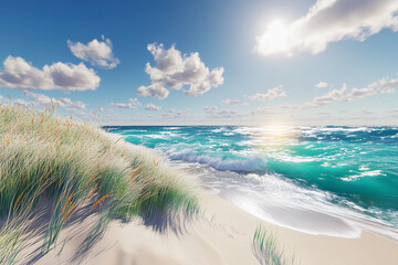 A scenic beach with white sand dunes and turquoise water under a sunny sky