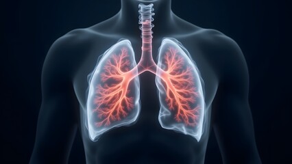 Detailed anatomical illustration showcasing the human lungs,bronchi,and trachea.A translucent view reveals intricate branching patterns of the respiratory system.Medical visualization.
