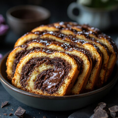 Chocolate swirl cinnamon buns fresh out of the oven, golden and gooey.