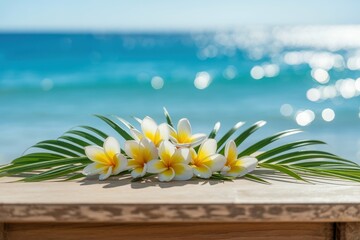 An empty wooden desk adorned with plumeria flowers and palm leaves sits against blue ocean backdrop, illuminated by bokeh sunlight. Background for displaying summer and tropical beach products.